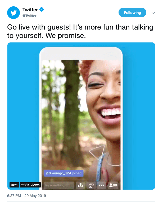 Twitter live streaming with guest announcement