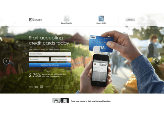 Landing page for Square